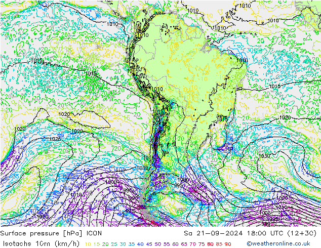 Isotachs (kph) ICON Sáb 21.09.2024 18 UTC