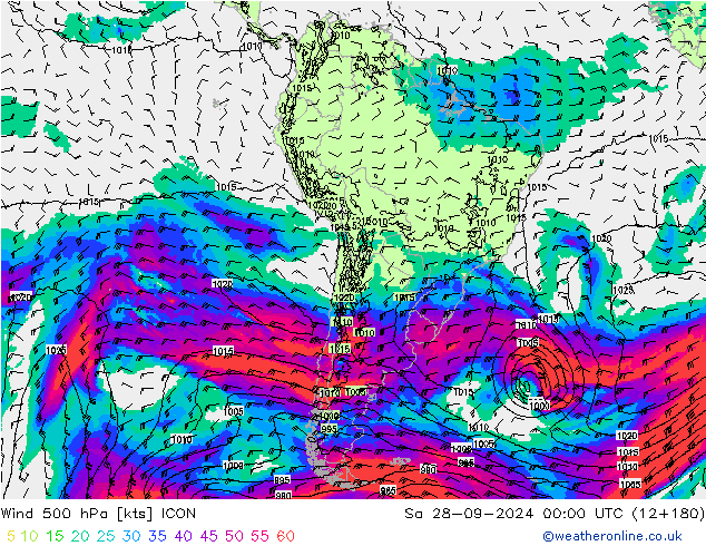 wiatr 500 hPa ICON so. 28.09.2024 00 UTC