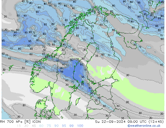 RH 700 hPa ICON dom 22.09.2024 09 UTC