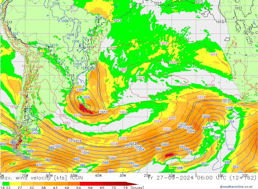 Max. wind velocity ICON пт 27.09.2024 06 UTC