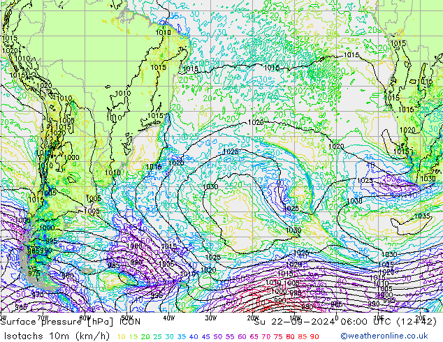 Isotachs (kph) ICON Ne 22.09.2024 06 UTC