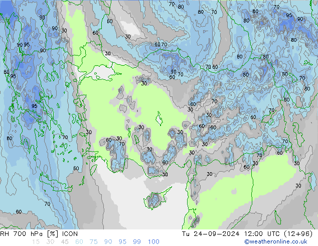 RH 700 hPa ICON Di 24.09.2024 12 UTC