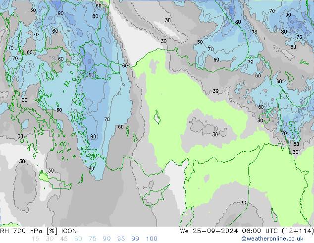 RH 700 гПа ICON ср 25.09.2024 06 UTC