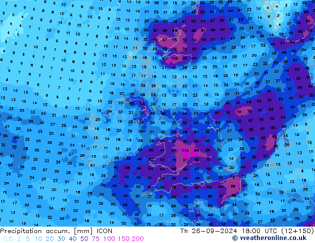 Precipitación acum. ICON jue 26.09.2024 18 UTC