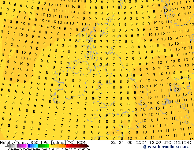 Géop./Temp. 850 hPa ICON sam 21.09.2024 12 UTC