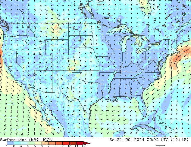 Vent 10 m (bft) ICON sam 21.09.2024 03 UTC
