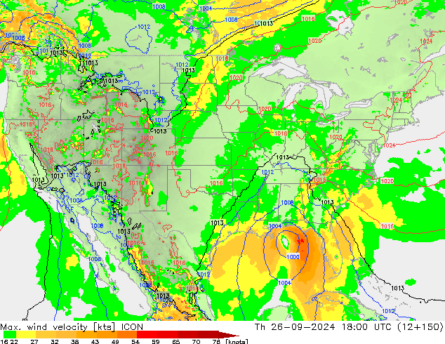 Max. wind velocity ICON Qui 26.09.2024 18 UTC