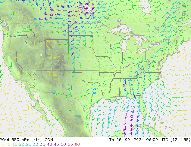 Vento 850 hPa ICON Qui 26.09.2024 06 UTC