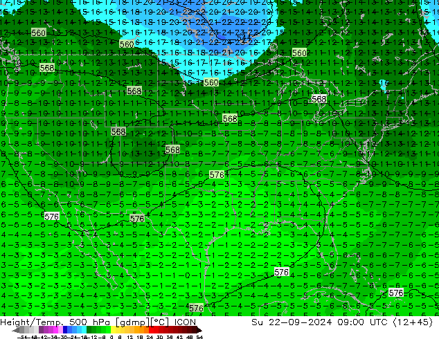 Yükseklik/Sıc. 500 hPa ICON Paz 22.09.2024 09 UTC