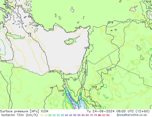 Isotachs (kph) ICON mar 24.09.2024 06 UTC