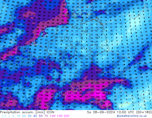 Precipitation accum. ICON Sa 28.09.2024 12 UTC