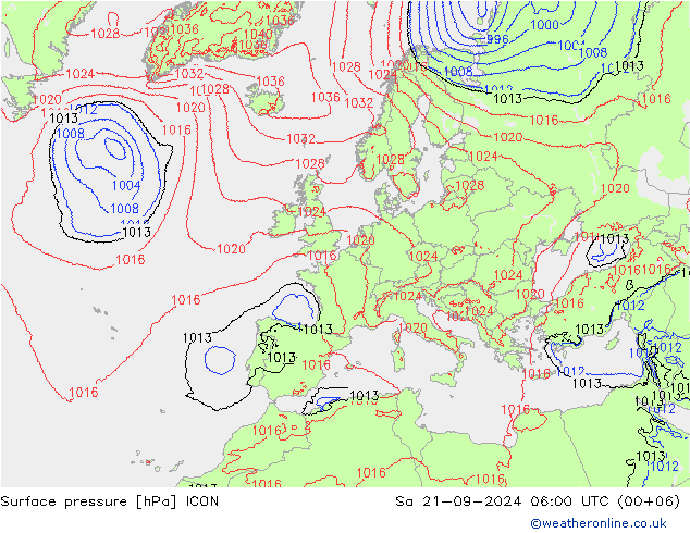 地面气压 ICON 星期六 21.09.2024 06 UTC