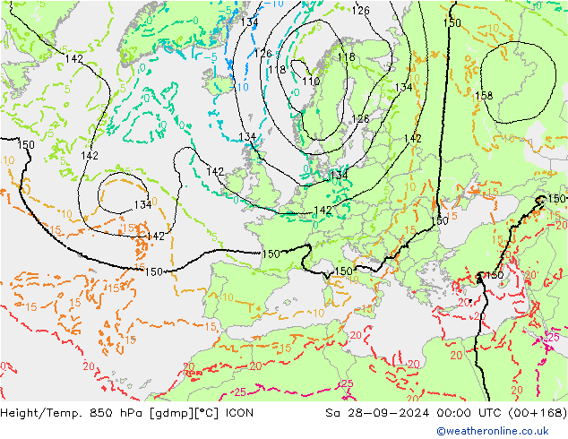 Height/Temp. 850 hPa ICON Sa 28.09.2024 00 UTC