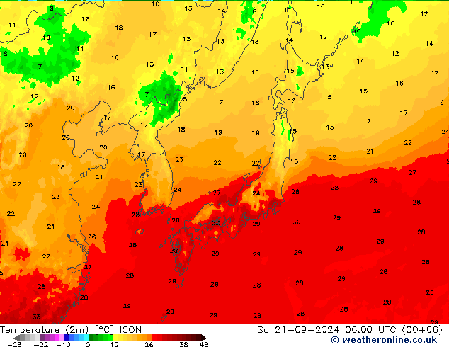 Temperature (2m) ICON Sa 21.09.2024 06 UTC