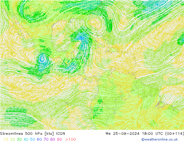 Streamlines 500 hPa ICON We 25.09.2024 18 UTC