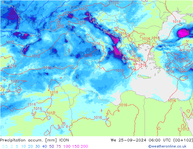 Precipitation accum. ICON We 25.09.2024 06 UTC