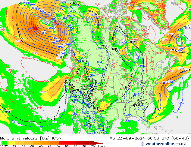 Max. wind velocity ICON 星期一 23.09.2024 00 UTC