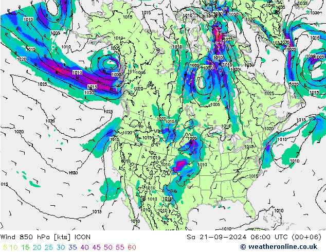 风 850 hPa ICON 星期六 21.09.2024 06 UTC