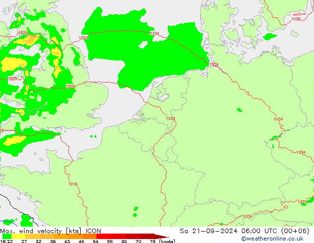 Max. wind velocity ICON 星期六 21.09.2024 06 UTC