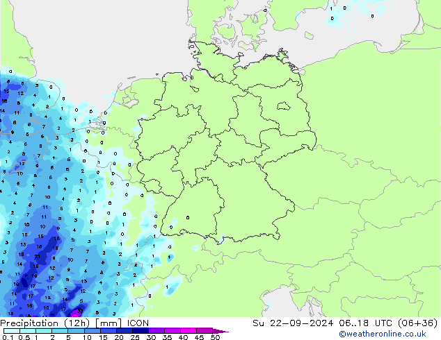 降水量 (12h) ICON 星期日 22.09.2024 18 UTC