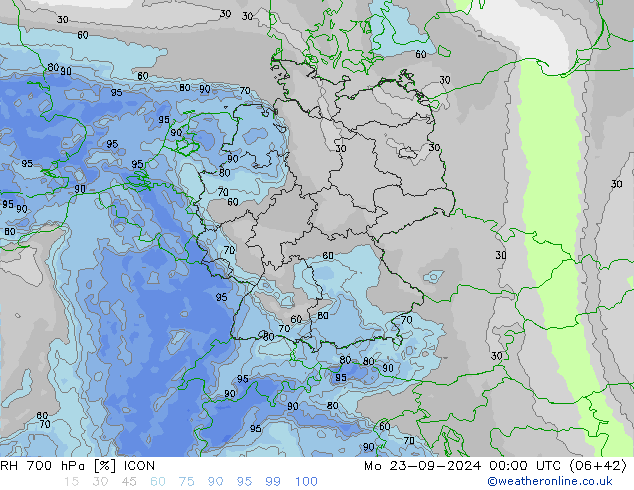 RH 700 hPa ICON 星期一 23.09.2024 00 UTC