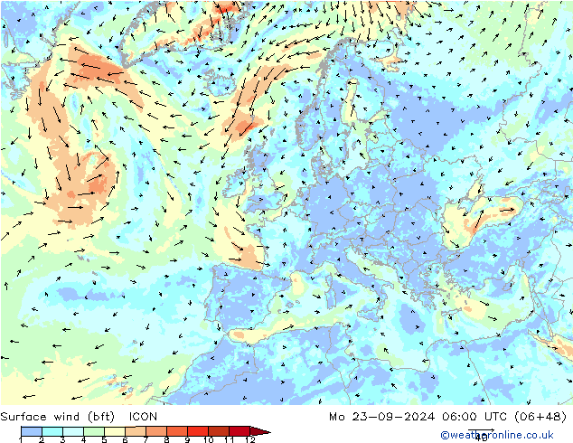 Surface wind (bft) ICON Mo 23.09.2024 06 UTC