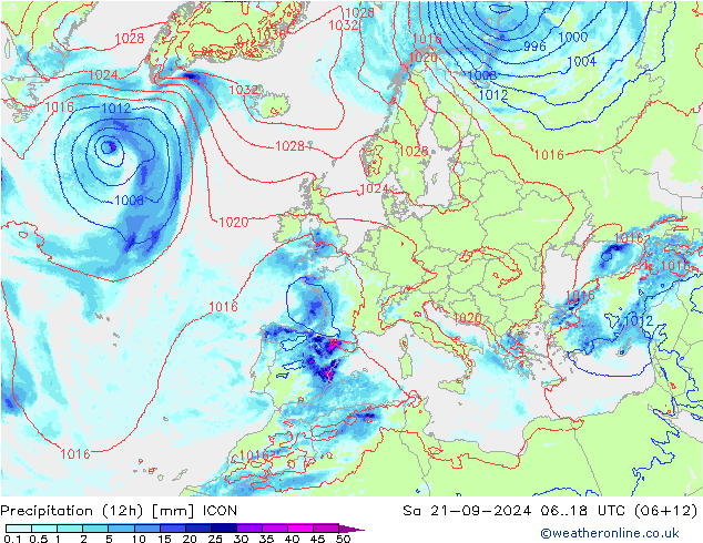 降水量 (12h) ICON 星期六 21.09.2024 18 UTC