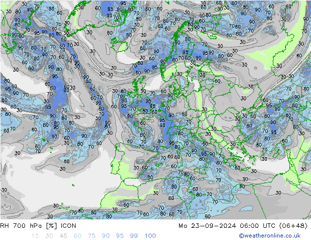 RH 700 hPa ICON Mo 23.09.2024 06 UTC