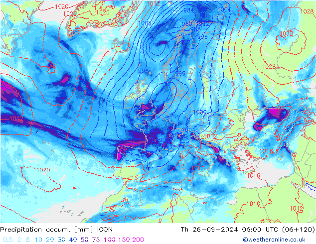 Precipitation accum. ICON 星期四 26.09.2024 06 UTC