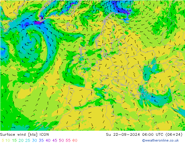 Viento 10 m ICON dom 22.09.2024 06 UTC