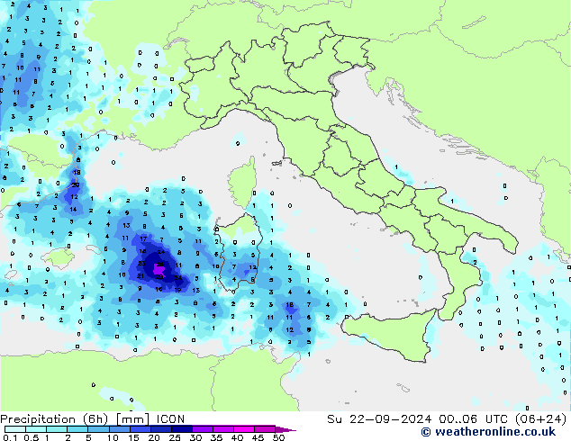 Precipitation (6h) ICON Su 22.09.2024 06 UTC