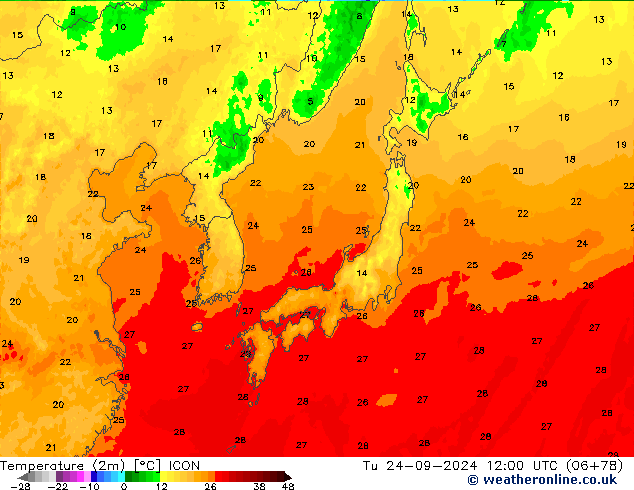 карта температуры ICON вт 24.09.2024 12 UTC