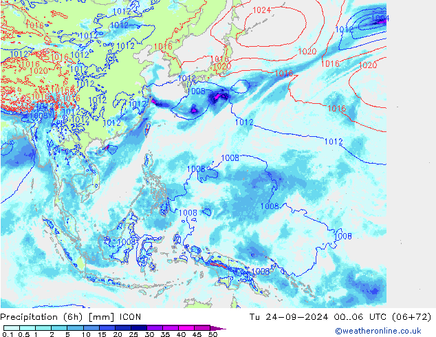 Precipitation (6h) ICON Tu 24.09.2024 06 UTC