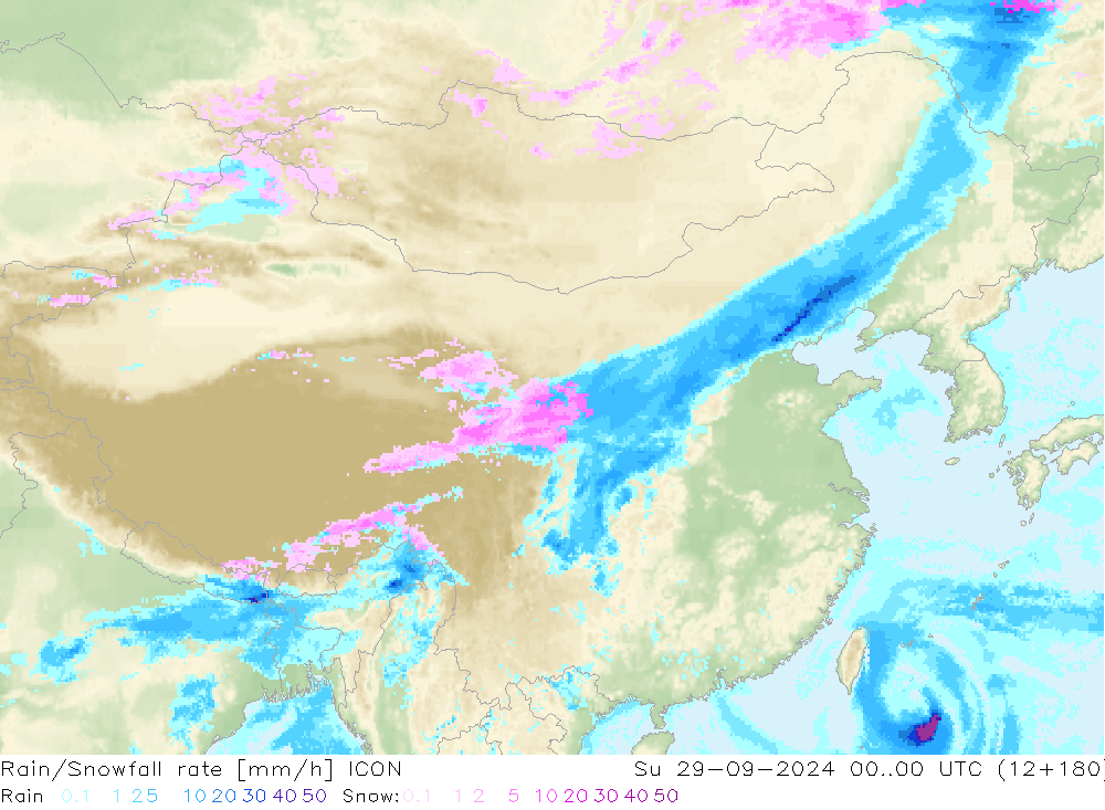 Rain/Snowfall rate ICON 星期日 29.09.2024 00 UTC