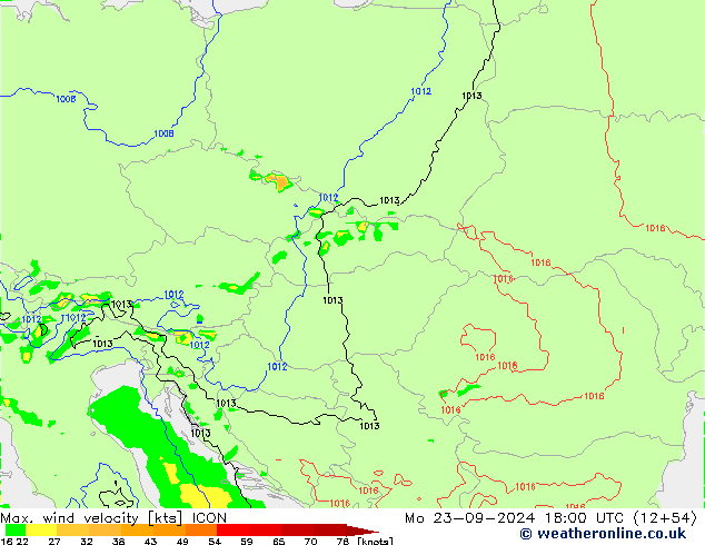 Max. wind velocity ICON Mo 23.09.2024 18 UTC