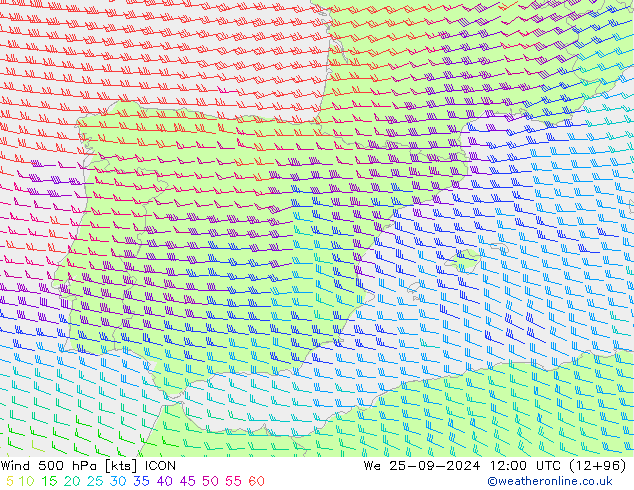 Wind 500 hPa ICON Mi 25.09.2024 12 UTC