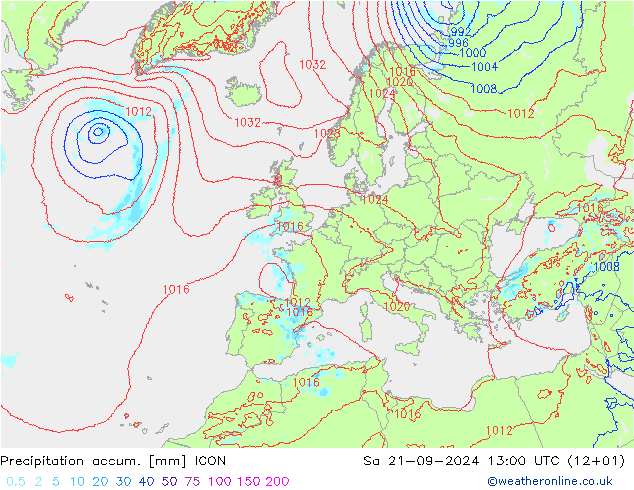 Precipitation accum. ICON 星期六 21.09.2024 13 UTC