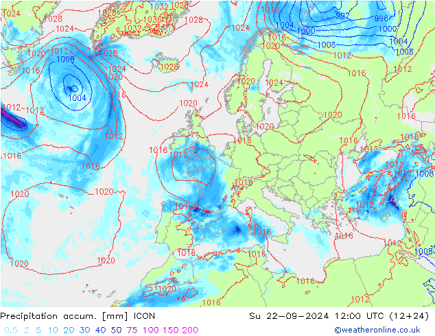 Precipitación acum. ICON dom 22.09.2024 12 UTC