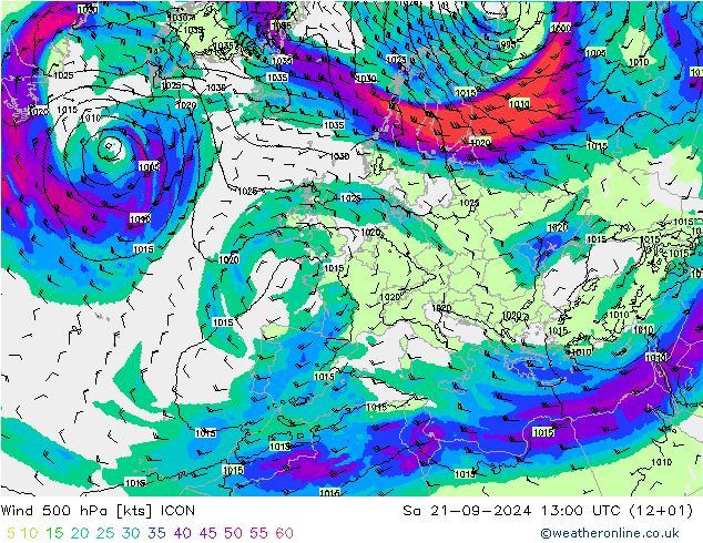 风 500 hPa ICON 星期六 21.09.2024 13 UTC