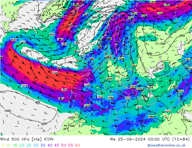 Wind 500 hPa ICON We 25.09.2024 00 UTC