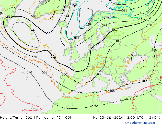 Height/Temp. 500 hPa ICON Mo 23.09.2024 18 UTC