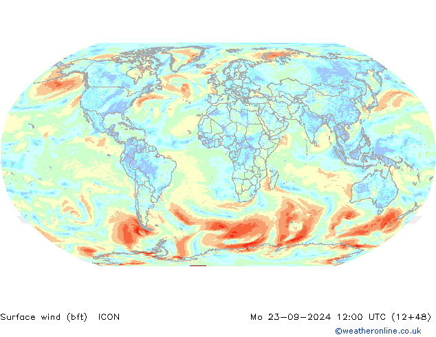 Surface wind (bft) ICON Mo 23.09.2024 12 UTC