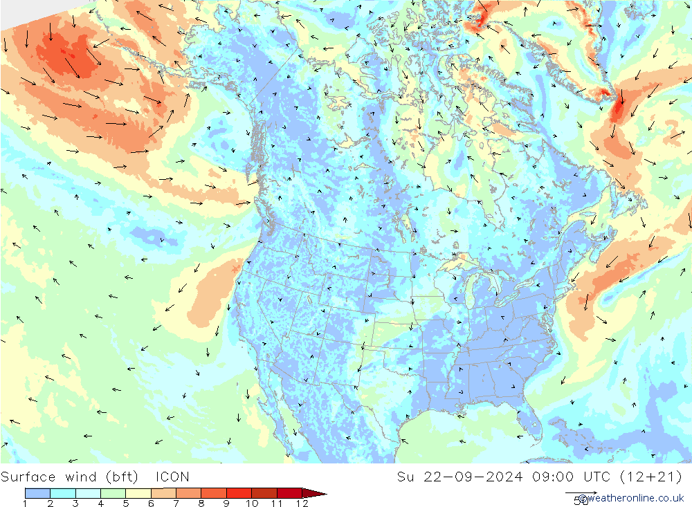 Surface wind (bft) ICON Su 22.09.2024 09 UTC