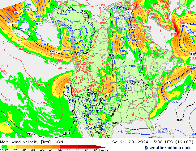 Max. wind velocity ICON sáb 21.09.2024 15 UTC