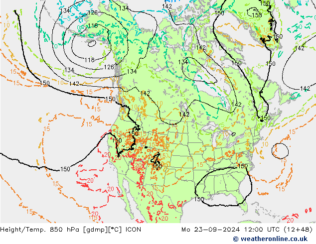 Height/Temp. 850 hPa ICON 星期一 23.09.2024 12 UTC