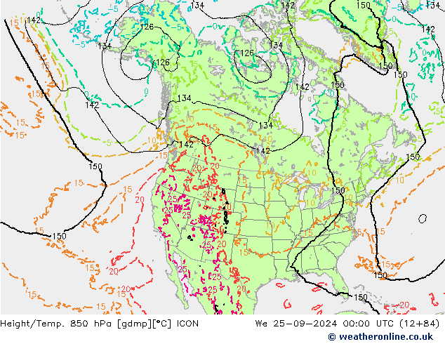 Height/Temp. 850 hPa ICON We 25.09.2024 00 UTC