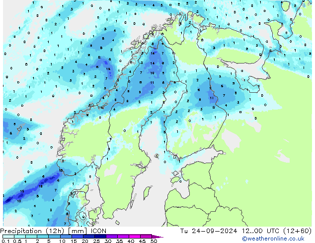 降水量 (12h) ICON 星期二 24.09.2024 00 UTC