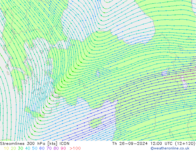 Streamlines 300 hPa ICON Th 26.09.2024 12 UTC