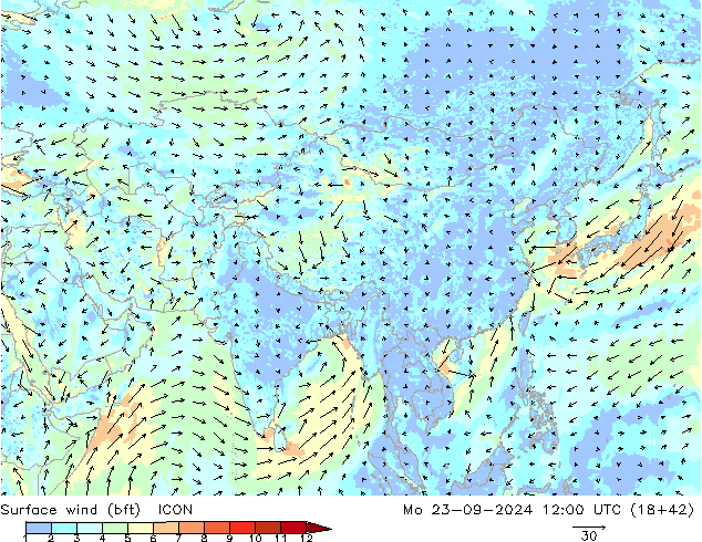 Surface wind (bft) ICON Mo 23.09.2024 12 UTC