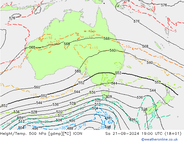 Height/Temp. 500 hPa ICON Sa 21.09.2024 19 UTC